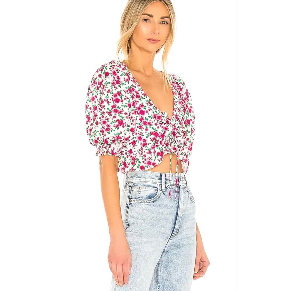For Love & Lemons Crop Top Petal Floral Tie Front Cottagecore Milkmaid Sz Small
